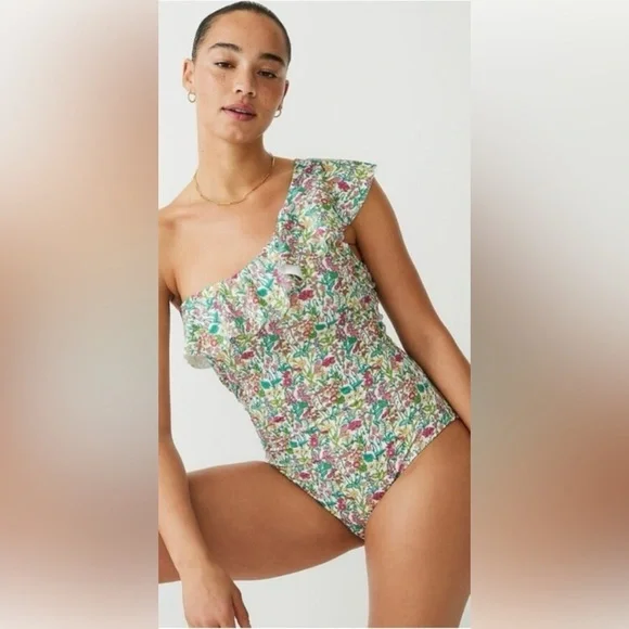 J.Crew Ruffle One-Shoulder One-Piece Swimsuit in Liberty® fabric Size 16 - Picture 1 of 12